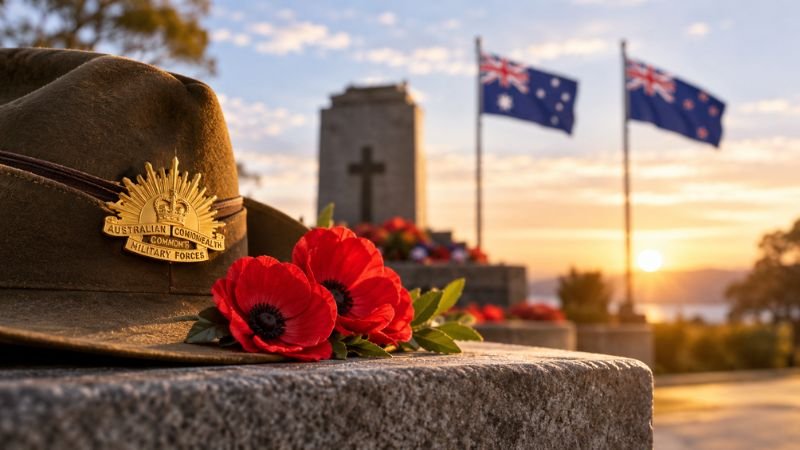 ANZAC Day memorial with a military slouch hat, red poppies, and Australian and New Zealand flags at sunset.