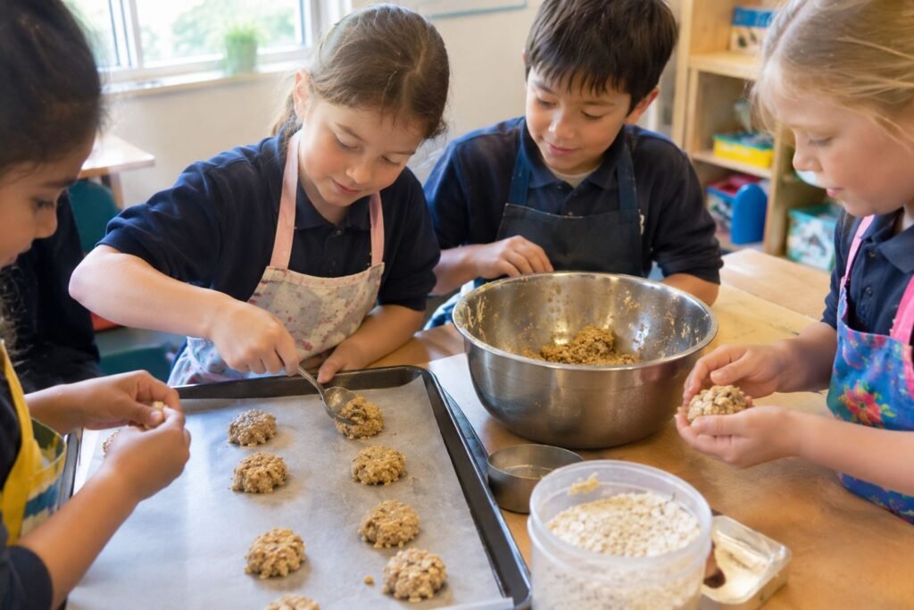 Children baking ANZAC biscuits in a classroom, shaping oat cookie dough on a baking tray as part of an ANZAC Day activity for school kids.