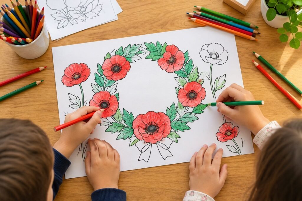 Children colouring an ANZAC Day remembrance wreath with red poppies and green leaves using coloured pencils at a wooden table.