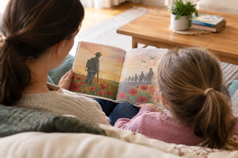 Parent reading an ANZAC Day picture book with a young child at home, sharing a quiet moment of learning about remembrance and history.