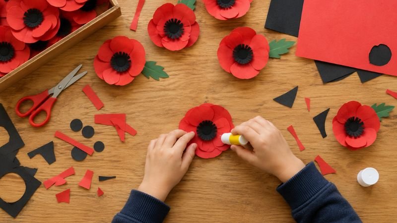 Child making red paper poppies for an ANZAC Day classroom activity, with scissors, glue and red and black paper scraps on a wooden table.