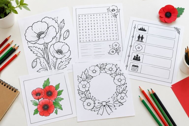 Printable ANZAC Day worksheets arranged on a white desk, including a poppy colouring page, word search, timeline activity and remembrance wreath template, with coloured pencils and a red paper poppy.