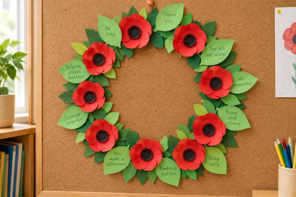 Handmade ANZAC Day remembrance wreath with red paper poppies, green leaves and handwritten messages of kindness displayed on a classroom pinboard.