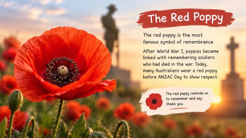 Informational graphic with a large red poppy in the foreground and a soldier statue and cross in the sunset background, explaining its symbolism for ANZAC Day.