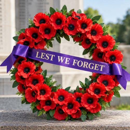 ANZAC Day remembrance wreath made of red poppies with a purple “Lest We Forget” ribbon.