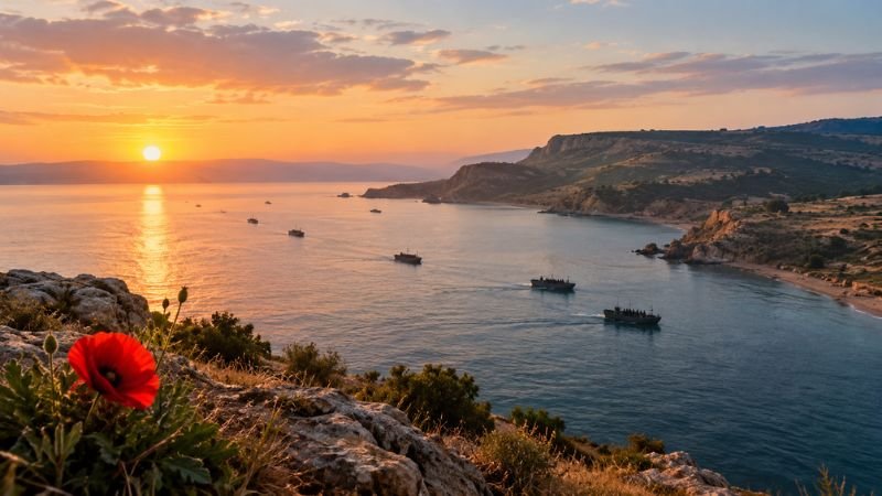 Sunrise over the Gallipoli coastline with historic landing boats approaching the shore and a red poppy in the foreground, representing the 25 April 1915 landing remembered on ANZAC Day.